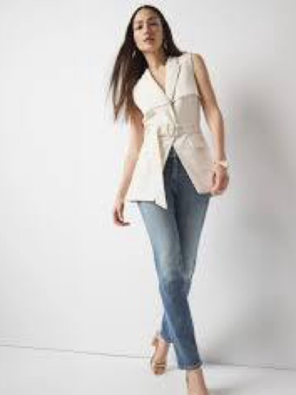 White House Black Market Cream Sleeveless Belted Blazer Vest - Picture 2 of 5